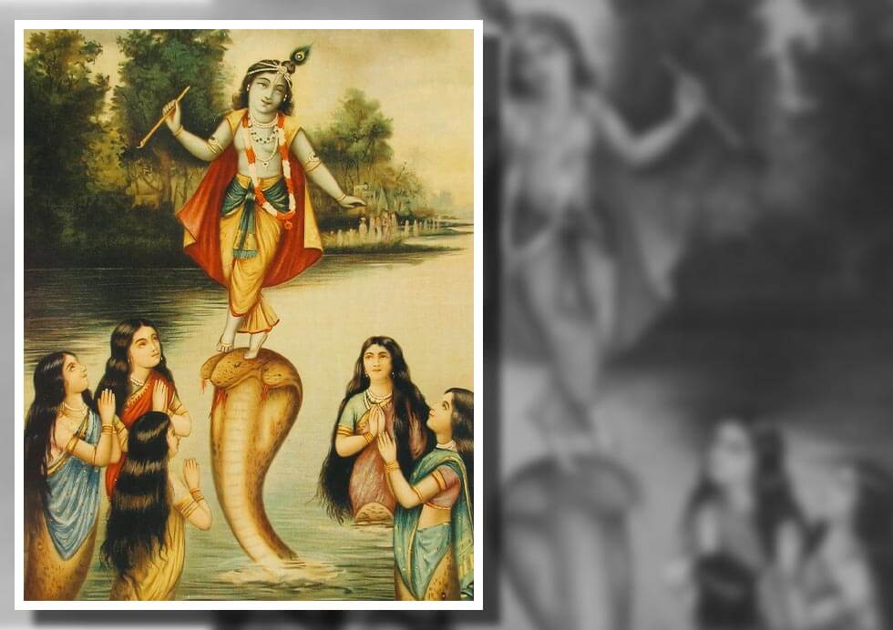 painting of Lord Krishna dancing on kaliya's head