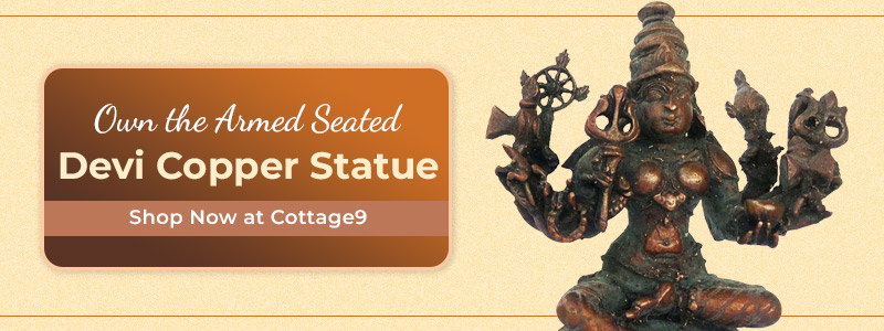 Ten armed seated devi copper statue
