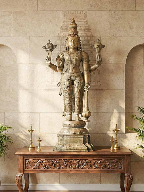 Large Bronze Statue of Four-armed Vishnu Perumal