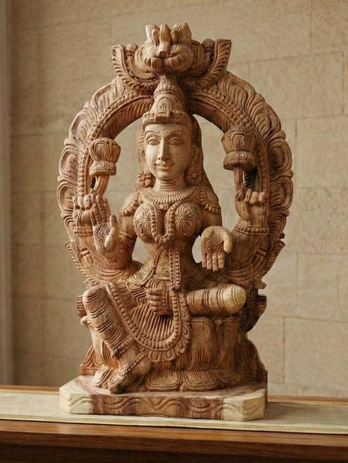 South Indian Style, Four-armed Idol of Devi Lakshmi Carved in Wood
