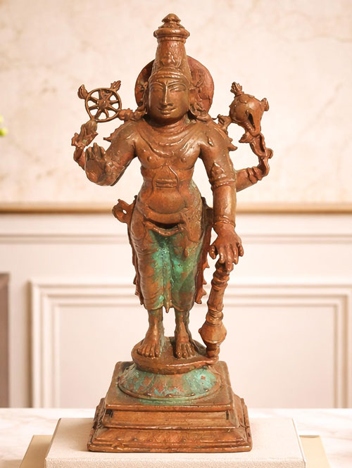 Antique Copper Replica Statue of Sri Vishnu
