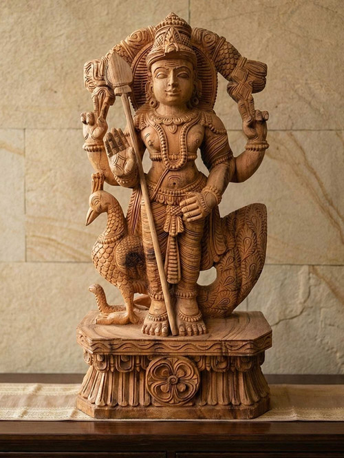 Beautiful Idol of Four-armed Murugan (Kartikeya) with Peacock Carved in Wood