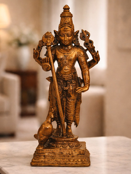 Copper Statue Of Four Armed Shikhivahana Kartikeya