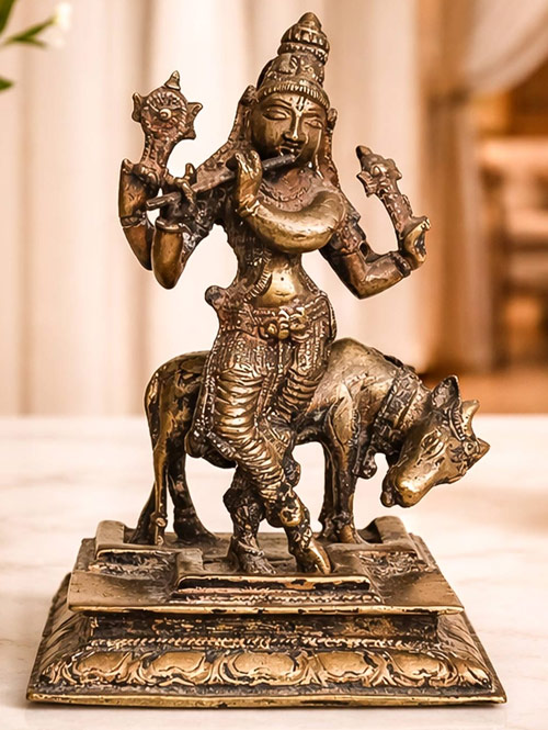 Exquisite and Old Brass Idol of Four-armed Krishna Venugopala with Cow