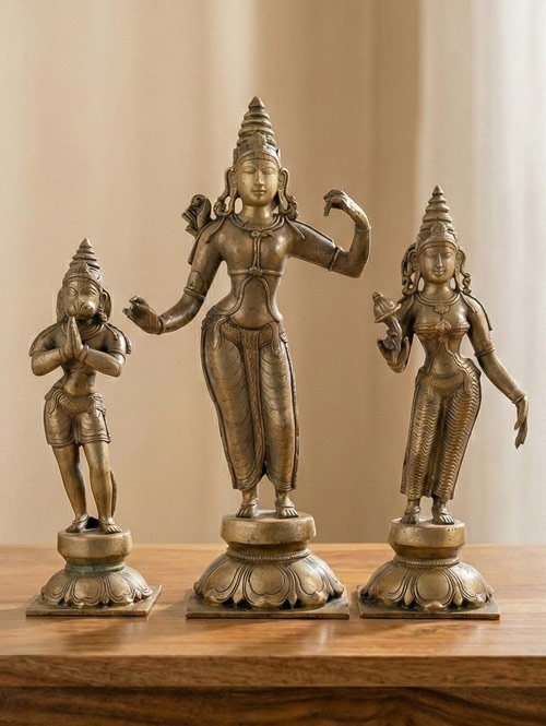 Old Southindian Set of Brass Idols of Sita-Rama with Hanuman