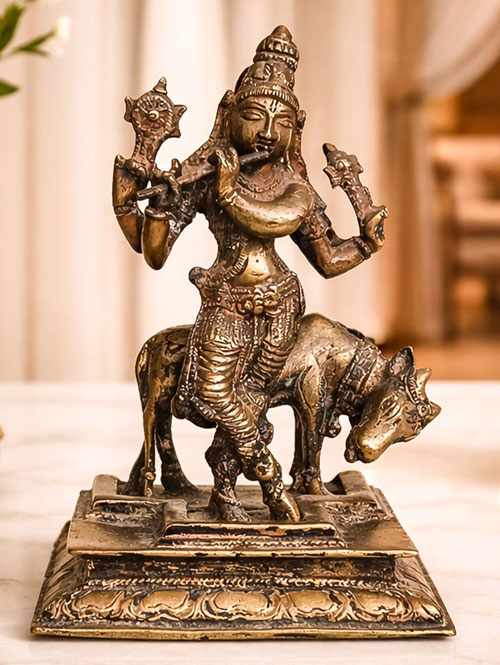 Exquisite and Old Brass Idol of Four-armed Krishna Venugopala with Cow