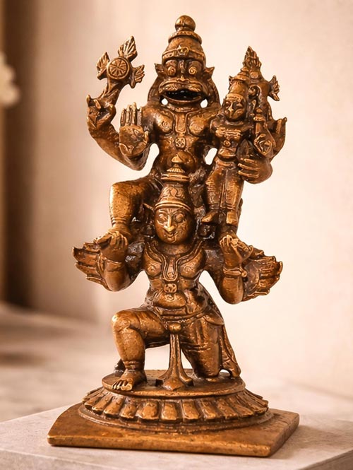Copper Figurine Of Lakshmi Narasimha Seated On Garuda
