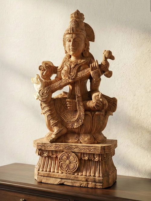 South Indian Style, Four-armed Idol of Devi Saraswati Carved in Wood