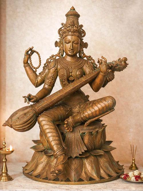 Saraswati Bronze Statue on Lotus Base