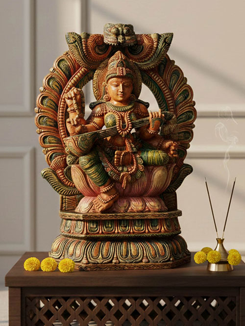 Devi Saraswati Wood Carved Statue