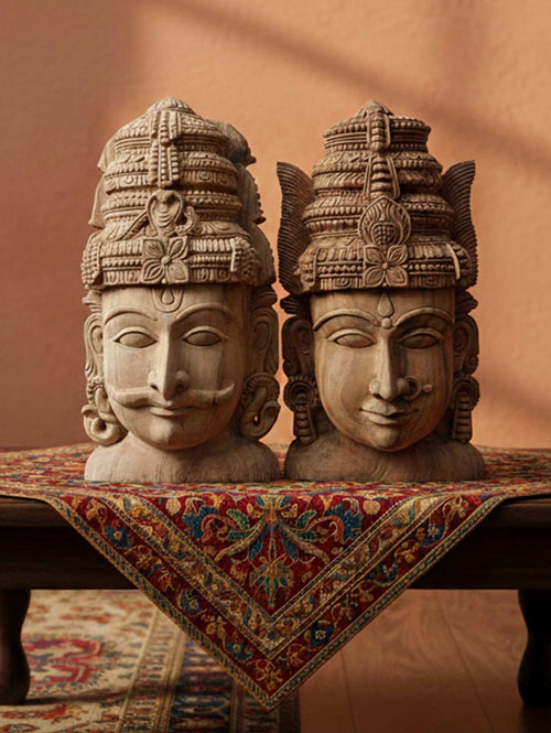 Wooden Pair of Faces of a Naga Couple