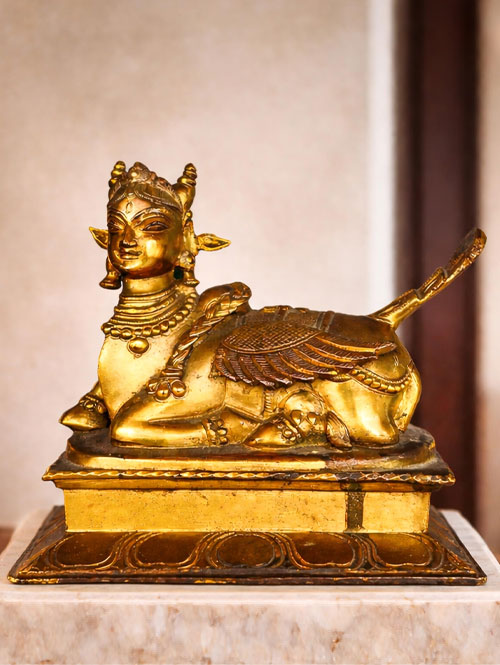 Unique Vintage Bronze Idol of Sitting Kamadhenu Divine Cow