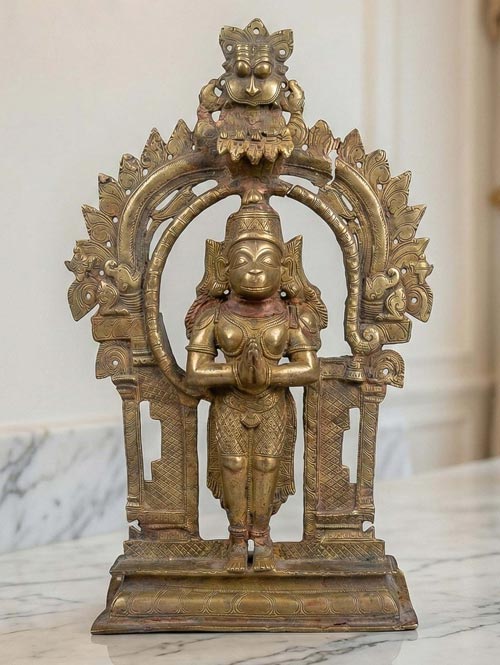 Old Brass Idol of Nanganallur Anjaneya Hanuman with Prabavali