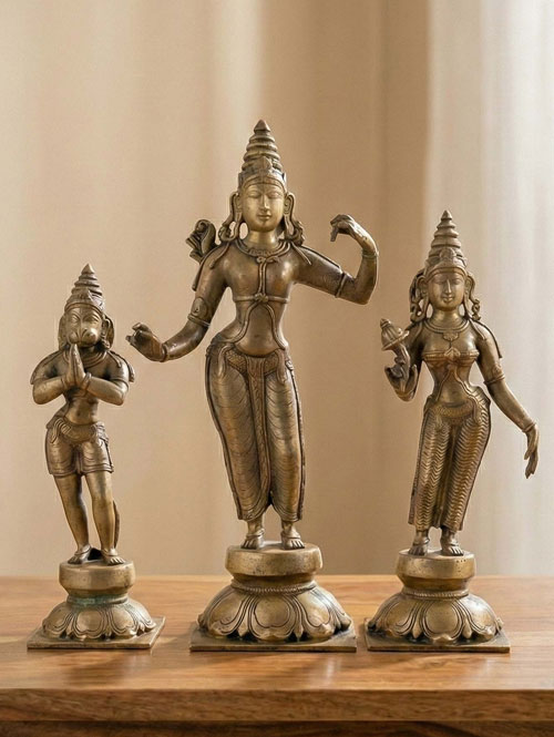 Old Southindian Set of Brass Idols of Sita-Rama with Hanuman