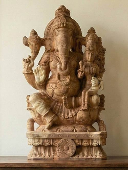 South Indian Wood Carving of Ganesha Seated with Devi in Aalingana Pose