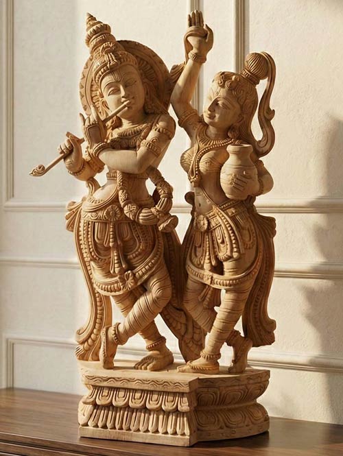 Very Finely Carved Wooden Idol of Radha - Krishna