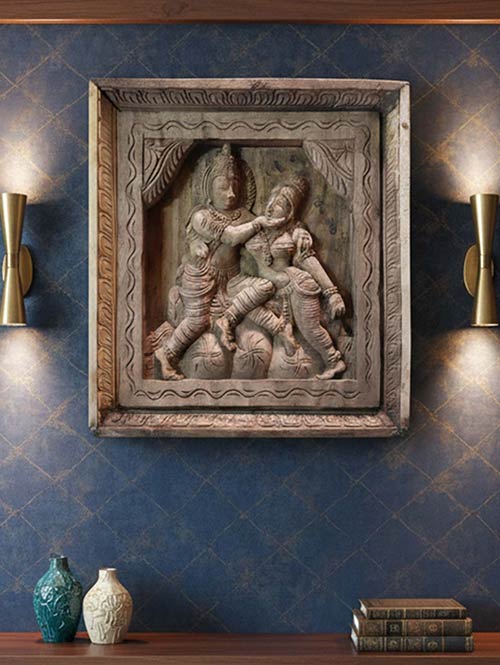 Radha Krishna Wood Carved Wall Art