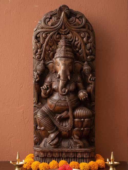 South Indian Ganesha Wood Carving