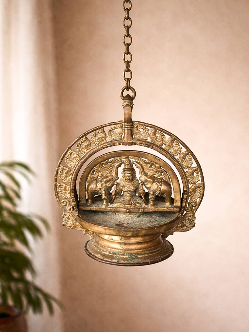 Original Old Brass Lamp of Gaja Lakshmi from Kerala