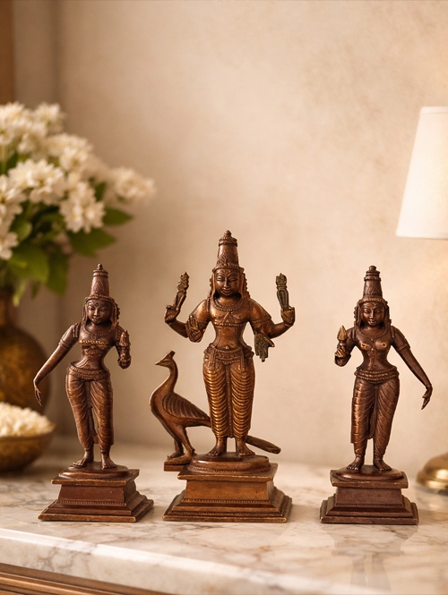 Copper Set of Murugan (Kartikeya) with Devasena and Valli